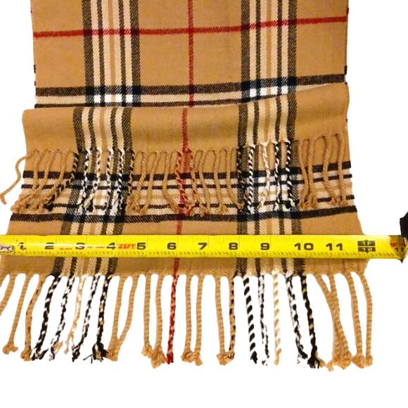Classic Nova Check Scarf Tan Black Plaid Tartan Checkered Soft Fringed Luxe - Picture 5 of 5